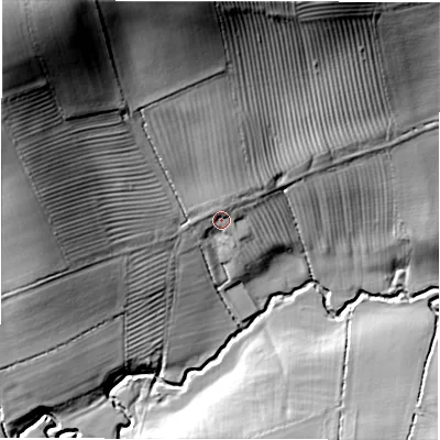 Shaded relief map of the ground around CV365LR, computed from Environment Agency LiDAR. The ground here sits at about 79 m above sea level and falls 48 m across the surrounding 800 m. Surface water reaching this point runs off ground lying to the north, 30.5 m higher.