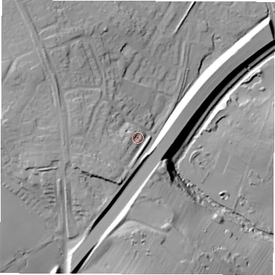 Shaded relief map of the ground around CV36PJ, computed from Environment Agency LiDAR. The ground here sits at about 72 m above sea level and falls 27 m across the surrounding 800 m. Surface water reaching this point runs off ground lying to the south-west, 12.6 m higher.