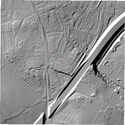 Shaded relief map of the ground around CV36PP, computed from Environment Agency LiDAR. The ground here sits at about 79 m above sea level and falls 27 m across the surrounding 800 m. Surface water reaching this point runs off ground lying to the south-south-west, 4.1 m higher.