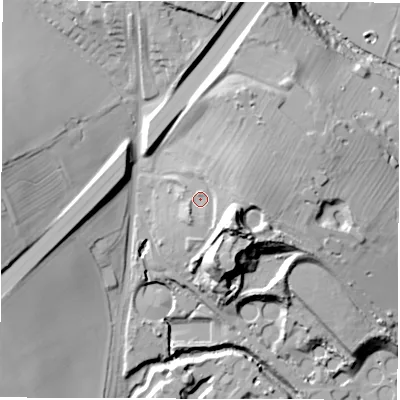 Shaded relief map of the ground around CV36PR, computed from Environment Agency LiDAR. The ground here sits at about 73 m above sea level and falls 32 m across the surrounding 800 m. Surface water reaching this point runs off ground lying to the south-east, 14.4 m higher.