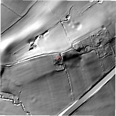 Shaded relief map of the ground around CV36PS, computed from Environment Agency LiDAR. The ground here sits at about 86 m above sea level and falls 27 m across the surrounding 800 m. Surface water reaching this point runs off ground lying to the north-east, 3.2 m higher.