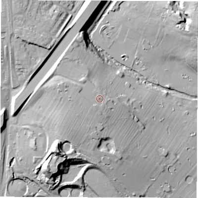Shaded relief map of the ground around CV36RJ, computed from Environment Agency LiDAR. The ground here sits at about 82 m above sea level and falls 31 m across the surrounding 800 m. Surface water reaching this point runs off ground lying to the south-west, 2.3 m higher.