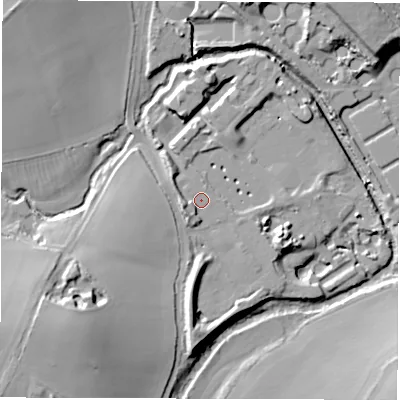 Shaded relief map of the ground around CV36SD, computed from Environment Agency LiDAR. The ground here sits at about 62 m above sea level and falls 19 m across the surrounding 800 m. Surface water reaching this point runs off ground lying to the south-west, 9.0 m higher.