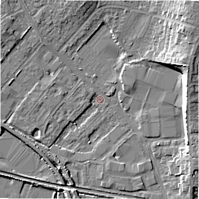 Shaded relief map of the ground around CV370AP, computed from Environment Agency LiDAR. The ground here sits at about 44 m above sea level and falls 18 m across the surrounding 800 m. Surface water reaching this point runs off ground lying to the south-south-west, 4.6 m higher.