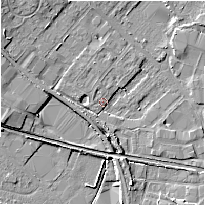 Shaded relief map of the ground around CV370AR, computed from Environment Agency LiDAR. The ground here sits at about 45 m above sea level and falls 9 m across the surrounding 800 m. Surface water reaching this point runs off ground lying to the west-north-west, 7.4 m higher.