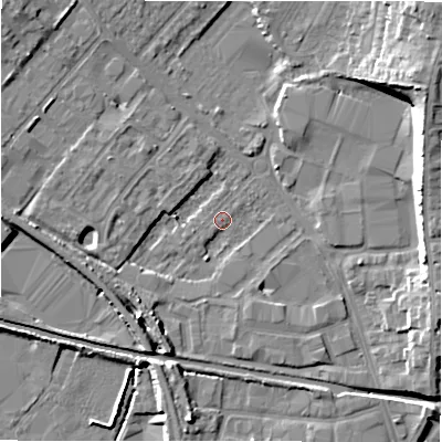 Shaded relief map of the ground around CV370AT, computed from Environment Agency LiDAR. The ground here sits at about 44 m above sea level and falls 17 m across the surrounding 800 m. Surface water reaching this point runs off ground lying to the south-west, 3.4 m higher.