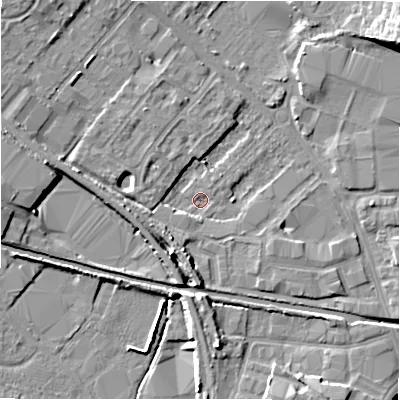 Shaded relief map of the ground around CV370AU, computed from Environment Agency LiDAR. The ground here sits at about 43 m above sea level and falls 13 m across the surrounding 800 m. Surface water reaching this point runs off ground lying to the south-south-west, 3.4 m higher.