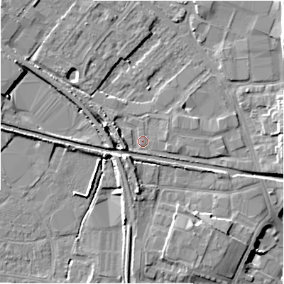 Shaded relief map of the ground around CV370AW, computed from Environment Agency LiDAR. The ground here sits at about 45 m above sea level and falls 11 m across the surrounding 800 m. Surface water reaching this point runs off ground lying to the west-south-west, 2.9 m higher.