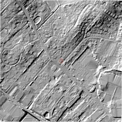 Shaded relief map of the ground around CV370AX, computed from Environment Agency LiDAR. The ground here sits at about 45 m above sea level and falls 14 m across the surrounding 800 m. Surface water reaching this point runs off ground lying to the north-east, 11.7 m higher.