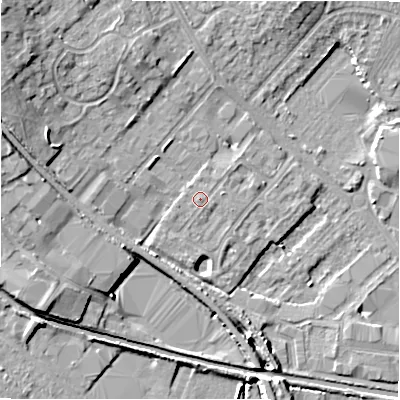 Shaded relief map of the ground around CV370BJ, computed from Environment Agency LiDAR. The ground here sits at about 46 m above sea level and falls 11 m across the surrounding 800 m. The ground contributing surface water to this point lies to the south-east.
