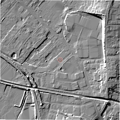 Shaded relief map of the ground around CV370BT, computed from Environment Agency LiDAR. The ground here sits at about 44 m above sea level and falls 16 m across the surrounding 800 m. Surface water reaching this point runs off ground lying to the north-east, 12.7 m higher.