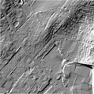 Shaded relief map of the ground around CV370DF, computed from Environment Agency LiDAR. The ground here sits at about 46 m above sea level and falls 19 m across the surrounding 800 m. Surface water reaching this point runs off ground lying to the north-east, 16.0 m higher.