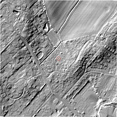 Shaded relief map of the ground around CV370DR, computed from Environment Agency LiDAR. The ground here sits at about 48 m above sea level and falls 16 m across the surrounding 800 m. Surface water reaching this point runs off ground lying to the east-north-east, 11.0 m higher.