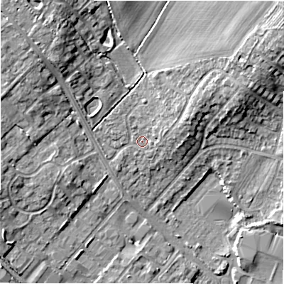 Shaded relief map of the ground around CV370DW, computed from Environment Agency LiDAR. The ground here sits at about 47 m above sea level and falls 16 m across the surrounding 800 m. Surface water reaching this point runs off ground lying to the north-east, 7.4 m higher.