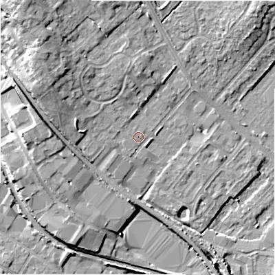 Shaded relief map of the ground around CV370HR, computed from Environment Agency LiDAR. The ground here sits at about 46 m above sea level and falls 12 m across the surrounding 800 m. Surface water reaching this point runs off ground lying to the west-north-west, 4.4 m higher.