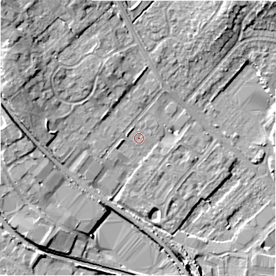 Shaded relief map of the ground around CV370HS, computed from Environment Agency LiDAR. The ground here sits at about 45 m above sea level and falls 12 m across the surrounding 800 m. Surface water reaching this point runs off ground lying to the north-west, 8.5 m higher.