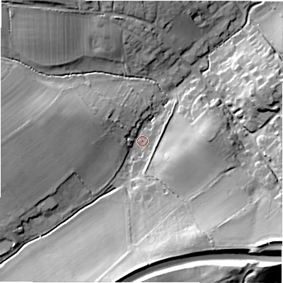 Shaded relief map of the ground around CV370JG, computed from Environment Agency LiDAR. The ground here sits at about 85 m above sea level and falls 26 m across the surrounding 800 m. Surface water reaching this point runs off ground lying to the south, 19.3 m higher.