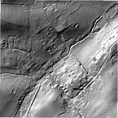 Shaded relief map of the ground around CV370JL, computed from Environment Agency LiDAR. The ground here sits at about 82 m above sea level and falls 29 m across the surrounding 800 m. Surface water reaching this point runs off ground lying to the north-west, 27.0 m higher.