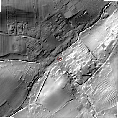 Shaded relief map of the ground around CV370LB, computed from Environment Agency LiDAR. The ground here sits at about 82 m above sea level and falls 29 m across the surrounding 800 m. Surface water reaching this point runs off ground lying to the north-west, 27.3 m higher.