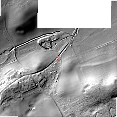 Shaded relief map of the ground around CV370LP, computed from Environment Agency LiDAR. The ground here sits at about 78 m above sea level and falls 28 m across the surrounding 800 m. Surface water reaching this point runs off ground lying to the south-east, 20.2 m higher.