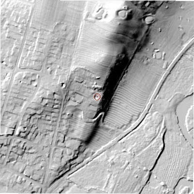 Shaded relief map of the ground around CV370NP, computed from Environment Agency LiDAR. The ground here sits at about 54 m above sea level and falls 37 m across the surrounding 800 m. Surface water reaching this point runs off ground lying to the north, 14.2 m higher.