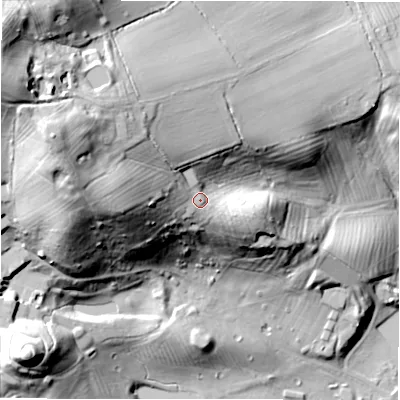 Shaded relief map of the ground around CV370NR, computed from Environment Agency LiDAR. The ground here sits at about 74 m above sea level and falls 68 m across the surrounding 800 m. Surface water reaching this point runs off ground lying to the west, 17.5 m higher.