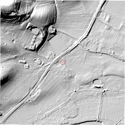 Shaded relief map of the ground around CV370NS, computed from Environment Agency LiDAR. The ground here sits at about 39 m above sea level and falls 40 m across the surrounding 800 m. Surface water reaching this point runs off ground lying to the west-south-west, 2.0 m higher.