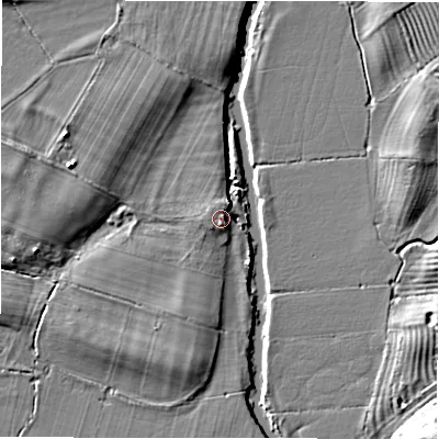 Shaded relief map of the ground around CV370NT, computed from Environment Agency LiDAR. The ground here sits at about 38 m above sea level and falls 8 m across the surrounding 800 m. Surface water reaching this point runs off ground lying to the south, 0.8 m higher.
