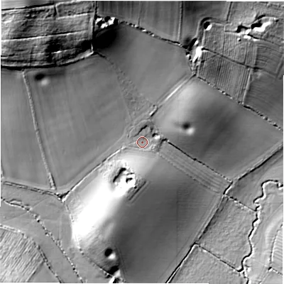 Shaded relief map of the ground around CV370PP, computed from Environment Agency LiDAR. The ground here sits at about 72 m above sea level and falls 37 m across the surrounding 800 m. Surface water reaching this point runs off ground lying to the north-north-west, 20.5 m higher.