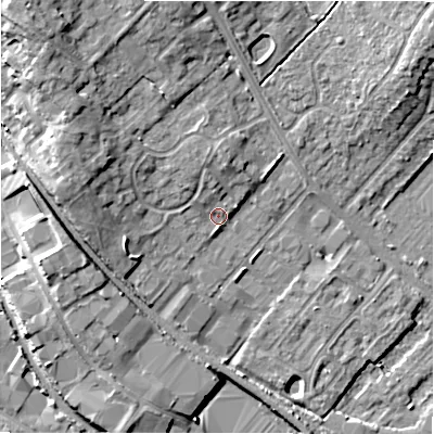 Shaded relief map of the ground around CV370TE, computed from Environment Agency LiDAR. The ground here sits at about 46 m above sea level and falls 13 m across the surrounding 800 m. Surface water reaching this point runs off ground lying to the west-north-west, 6.6 m higher.