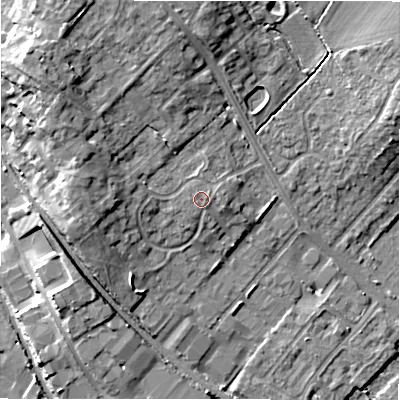 Shaded relief map of the ground around CV370TF, computed from Environment Agency LiDAR. The ground here sits at about 48 m above sea level and falls 12 m across the surrounding 800 m. The ground contributing surface water to this point lies to the north-north-west.