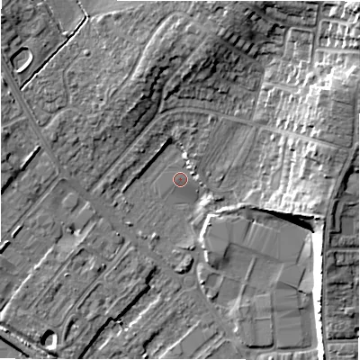 Shaded relief map of the ground around CV370UA, computed from Environment Agency LiDAR. The ground here sits at about 45 m above sea level and falls 20 m across the surrounding 800 m. Surface water reaching this point runs off ground lying to the north-east, 4.5 m higher.