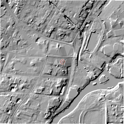 Shaded relief map of the ground around CV376AB, computed from Environment Agency LiDAR. The ground here sits at about 39 m above sea level and falls 10 m across the surrounding 800 m. Surface water reaching this point runs off ground lying to the west-north-west, 2.8 m higher.