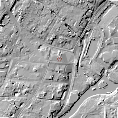 Shaded relief map of the ground around CV376AD, computed from Environment Agency LiDAR. The ground here sits at about 39 m above sea level and falls 11 m across the surrounding 800 m. Surface water reaching this point runs off ground lying to the west-south-west, 2.1 m higher.