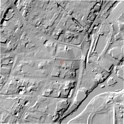 Shaded relief map of the ground around CV376AT, computed from Environment Agency LiDAR. The ground here sits at about 40 m above sea level and falls 12 m across the surrounding 800 m. Surface water reaching this point runs off ground lying to the west-north-west, 2.0 m higher.