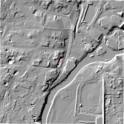 Shaded relief map of the ground around CV376BA, computed from Environment Agency LiDAR. The ground here sits at about 37 m above sea level and falls 8 m across the surrounding 800 m. Surface water reaching this point runs off ground lying to the west, 7.0 m higher.