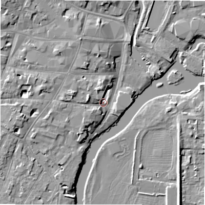 Shaded relief map of the ground around CV376BE, computed from Environment Agency LiDAR. The ground here sits at about 37 m above sea level and falls 8 m across the surrounding 800 m. Surface water reaching this point runs off ground lying to the west-north-west, 4.7 m higher.