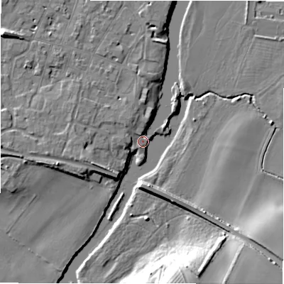 Shaded relief map of the ground around CV376DE, computed from Environment Agency LiDAR. The ground here sits at about 36 m above sea level and falls 17 m across the surrounding 800 m. Surface water reaching this point runs off ground lying to the north-north-west, 2.7 m higher.