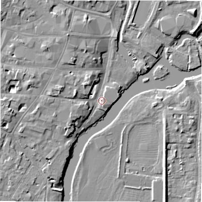 Shaded relief map of the ground around CV376DX, computed from Environment Agency LiDAR. The ground here sits at about 37 m above sea level and falls 7 m across the surrounding 800 m. Surface water reaching this point runs off ground lying to the west-north-west, 4.9 m higher.
