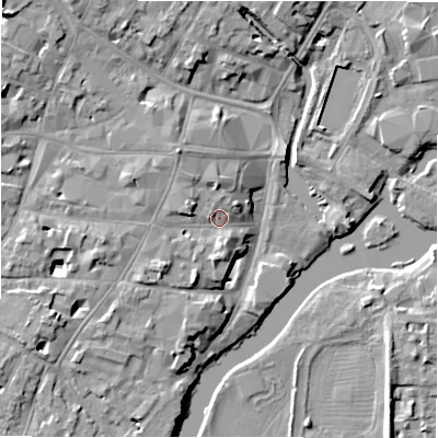 Shaded relief map of the ground around CV376EE, computed from Environment Agency LiDAR. The ground here sits at about 39 m above sea level and falls 11 m across the surrounding 800 m. Surface water reaching this point runs off ground lying to the north-north-west, 2.9 m higher.