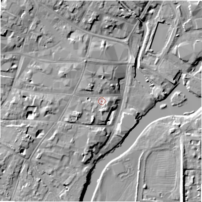 Shaded relief map of the ground around CV376EF, computed from Environment Agency LiDAR. The ground here sits at about 39 m above sea level and falls 9 m across the surrounding 800 m. Surface water reaching this point runs off ground lying to the north-north-west, 2.6 m higher.
