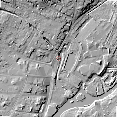 Shaded relief map of the ground around CV376GW, computed from Environment Agency LiDAR. The ground here sits at about 37 m above sea level and falls 14 m across the surrounding 800 m. Surface water reaching this point runs off ground lying to the north-north-west, 12.7 m higher.
