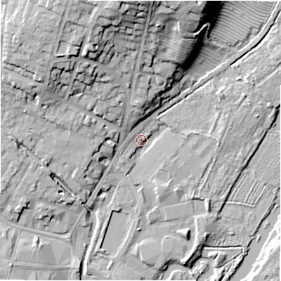 Shaded relief map of the ground around CV376YP, computed from Environment Agency LiDAR. The ground here sits at about 38 m above sea level and falls 23 m across the surrounding 800 m. Surface water reaching this point runs off ground lying to the north-west, 14.8 m higher.