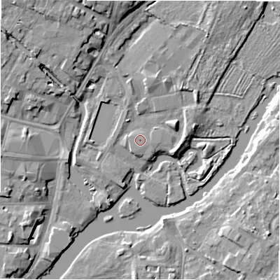 Shaded relief map of the ground around CV376YR, computed from Environment Agency LiDAR. The ground here sits at about 37 m above sea level and falls 10 m across the surrounding 800 m. The ground contributing surface water to this point lies to the south-south-west.