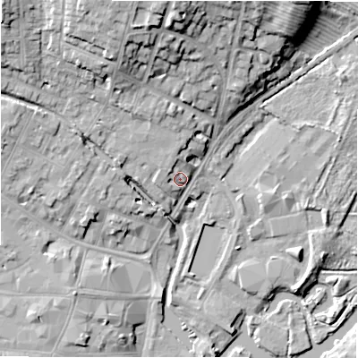 Shaded relief map of the ground around CV376YW, computed from Environment Agency LiDAR. The ground here sits at about 40 m above sea level and falls 18 m across the surrounding 800 m. Surface water reaching this point runs off ground lying to the north-north-west, 5.1 m higher.