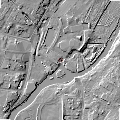 Shaded relief map of the ground around CV376YY, computed from Environment Agency LiDAR. The ground here sits at about 36 m above sea level and falls 8 m across the surrounding 800 m. Surface water reaching this point runs off ground lying to the north-east, 4.9 m higher.