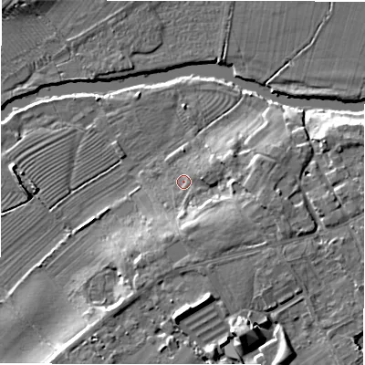 Shaded relief map of the ground around CV377AB, computed from Environment Agency LiDAR. The ground here sits at about 37 m above sea level and falls 9 m across the surrounding 800 m. Surface water reaching this point runs off ground lying to the east-south-east, 5.2 m higher.