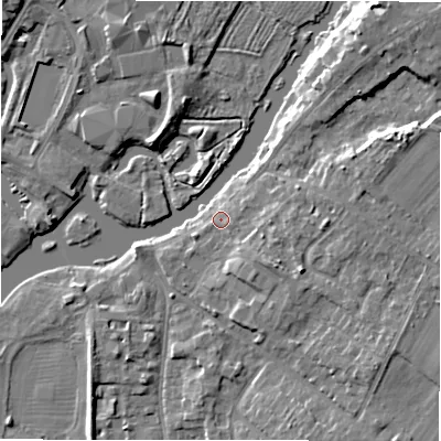 Shaded relief map of the ground around CV377AE, computed from Environment Agency LiDAR. The ground here sits at about 37 m above sea level and falls 8 m across the surrounding 800 m. Surface water reaching this point runs off ground lying to the south-east, 5.1 m higher.