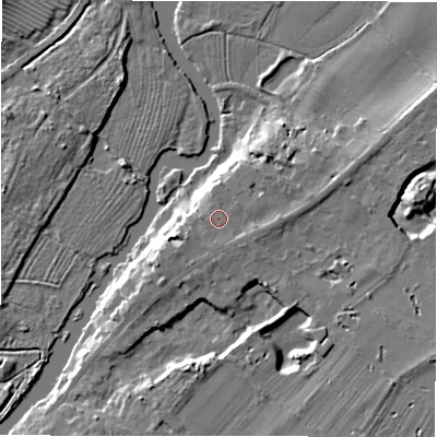 Shaded relief map of the ground around CV377AF, computed from Environment Agency LiDAR. The ground here sits at about 41 m above sea level and falls 8 m across the surrounding 800 m. Surface water reaching this point runs off ground lying to the east, 1.2 m higher.