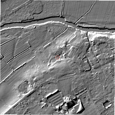 Shaded relief map of the ground around CV377AG, computed from Environment Agency LiDAR. The ground here sits at about 38 m above sea level and falls 9 m across the surrounding 800 m. Surface water reaching this point runs off ground lying to the east-south-east, 4.7 m higher.